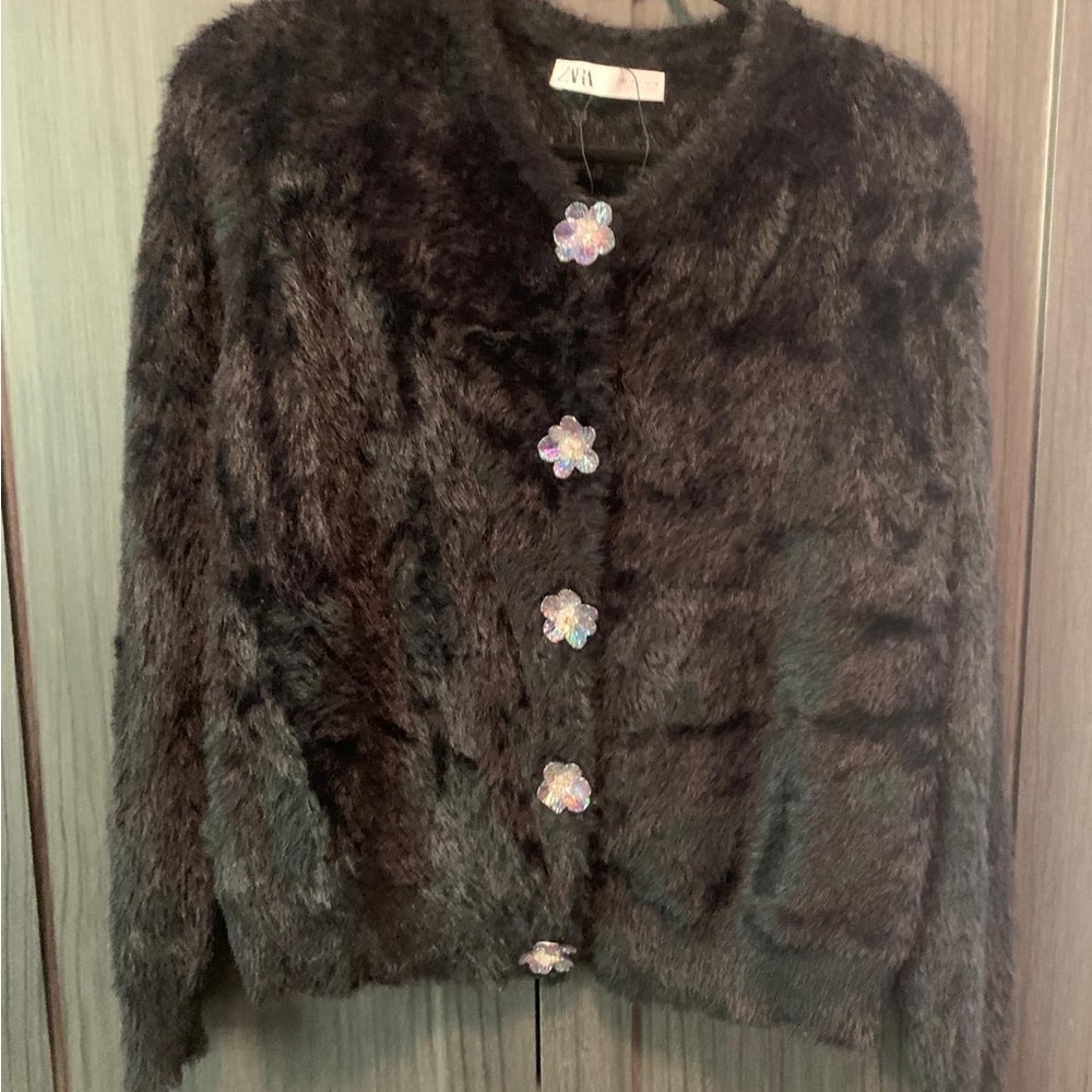 Zara Women's Black Fuzzy Cardigan with Floral Buttons